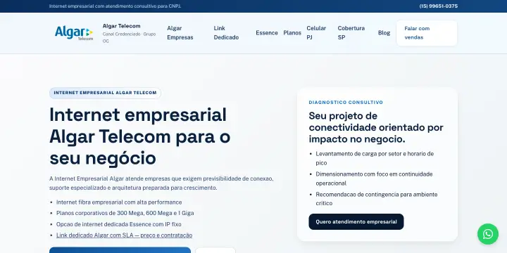Página inicial do site Algartel