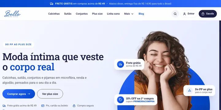 Página inicial do site Belle Moda Íntima