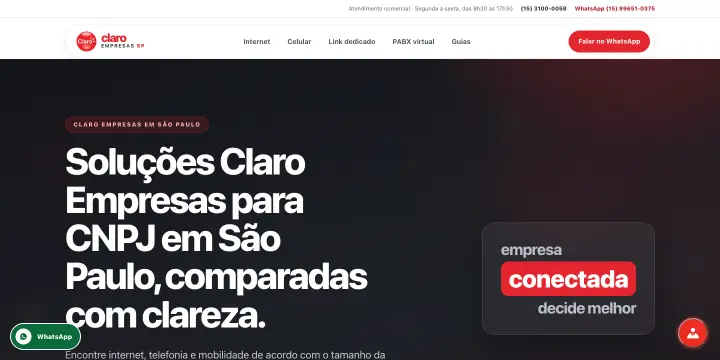 Página inicial do site Claro Empresas SP