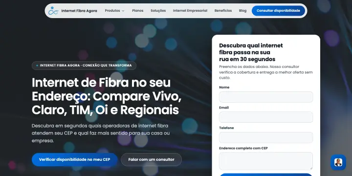 Página inicial do site Internet Fibra Agora