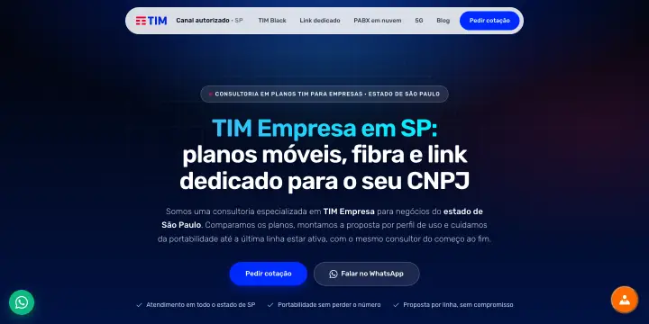 Página inicial do site Plano Empresarial TIM